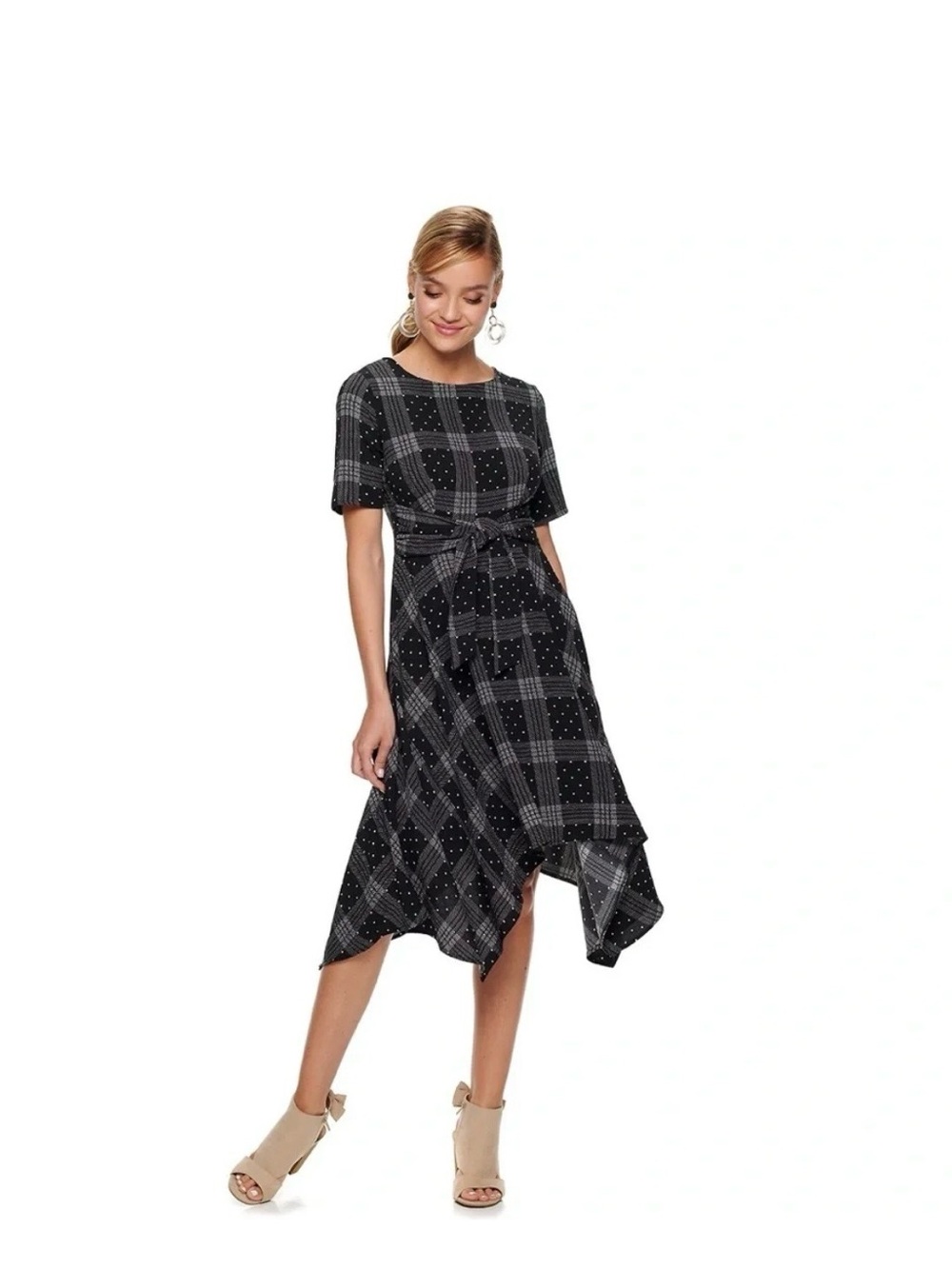 Elle retro polka dot plaid black & white rockabilly swing tea dress Size S